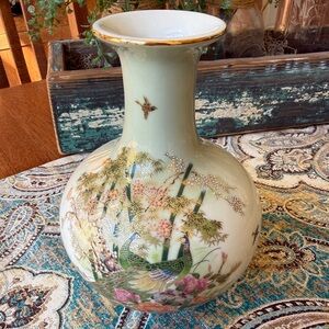 Midori Peacock Porcelain Vase Celadon Tone Gold Trim Bamboo Bird Asian